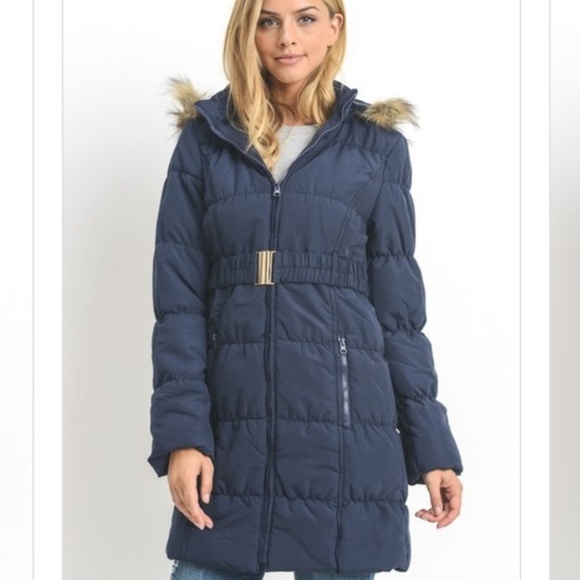 Jackets & Blazers - ONE LEFT Navy Long Belted Hooded Puffer Coat